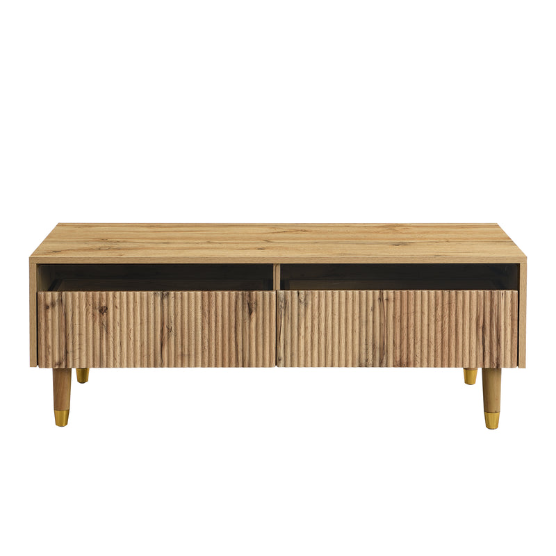 Table basse moderne effet bois façade ondulée éclairage LED 2 tiroirs PEAKGLADE
