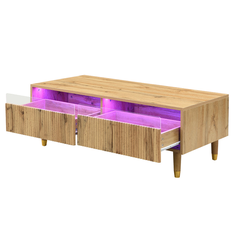 Table basse moderne effet bois façade ondulée éclairage LED 2 tiroirs PEAKGLADE