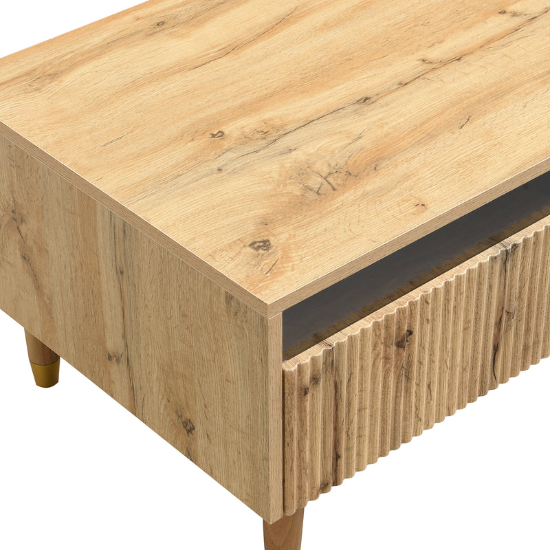 Table basse moderne effet bois façade ondulée éclairage LED 2 tiroirs PEAKGLADE