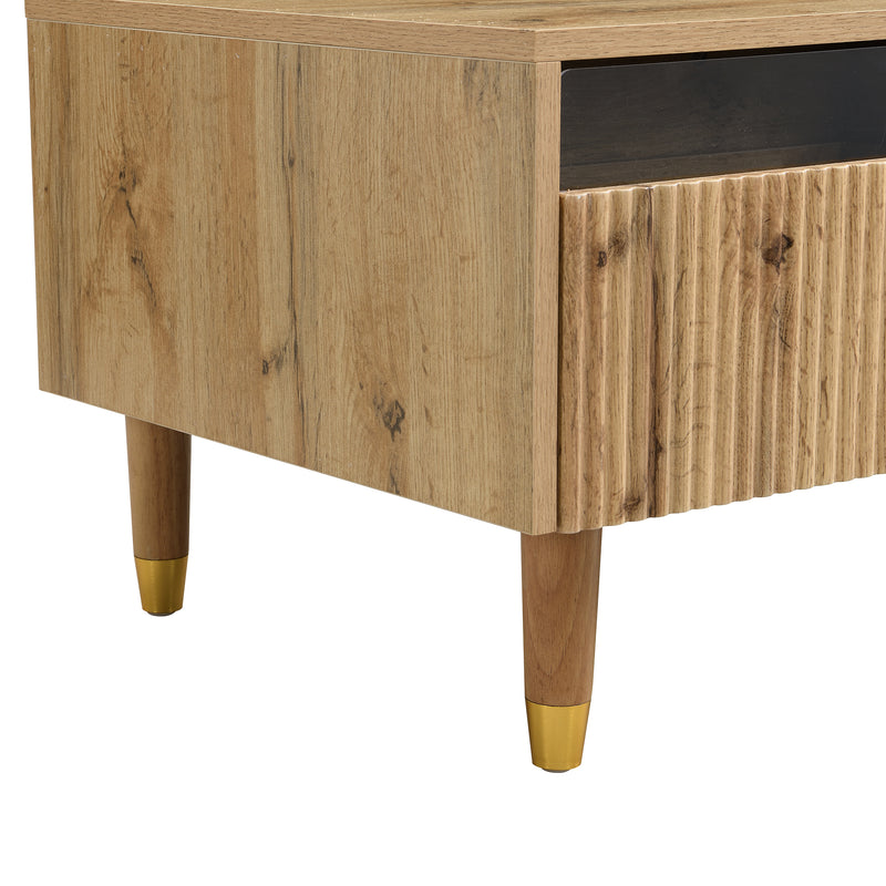 Table basse moderne effet bois façade ondulée éclairage LED 2 tiroirs PEAKGLADE
