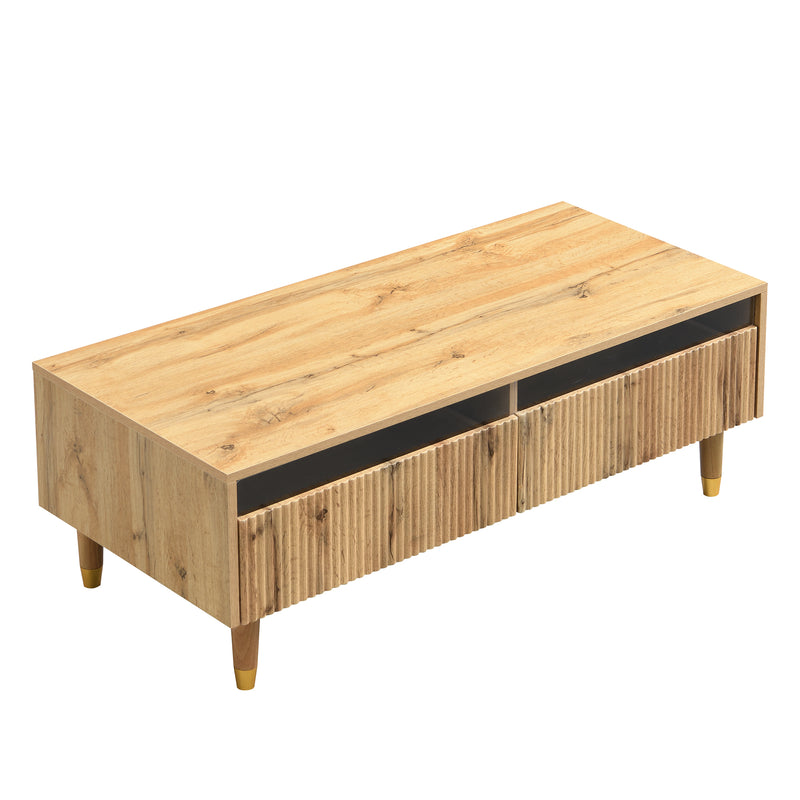 Table basse moderne effet bois façade ondulée éclairage LED 2 tiroirs PEAKGLADE