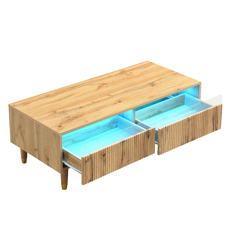 Table basse moderne effet bois façade ondulée éclairage LED 2 tiroirs PEAKGLADE