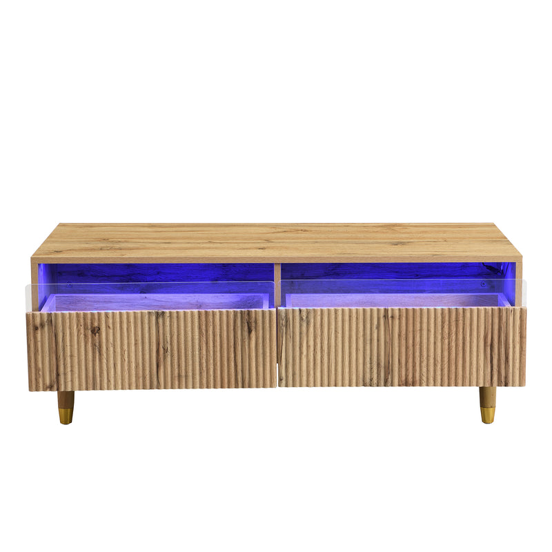 Table basse moderne effet bois façade ondulée éclairage LED 2 tiroirs PEAKGLADE