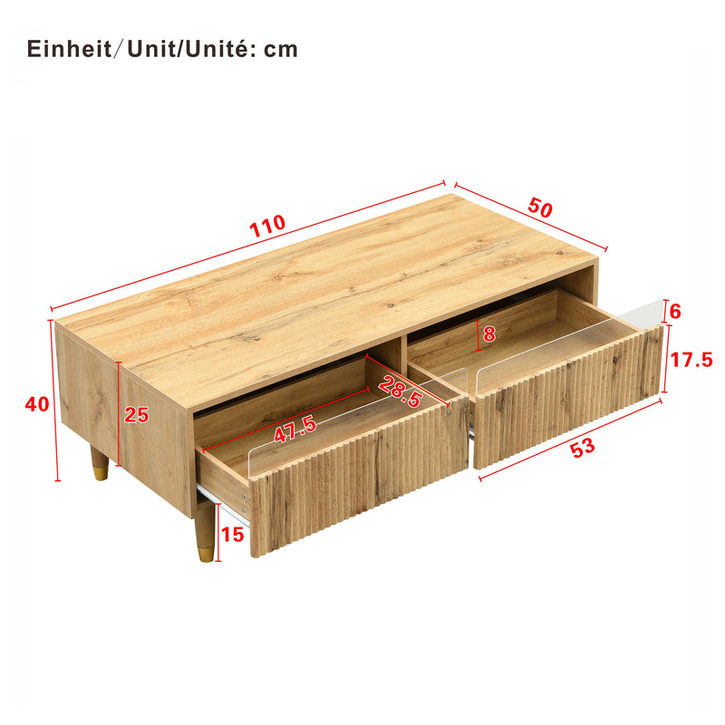 Table basse moderne effet bois façade ondulée éclairage LED 2 tiroirs PEAKGLADE
