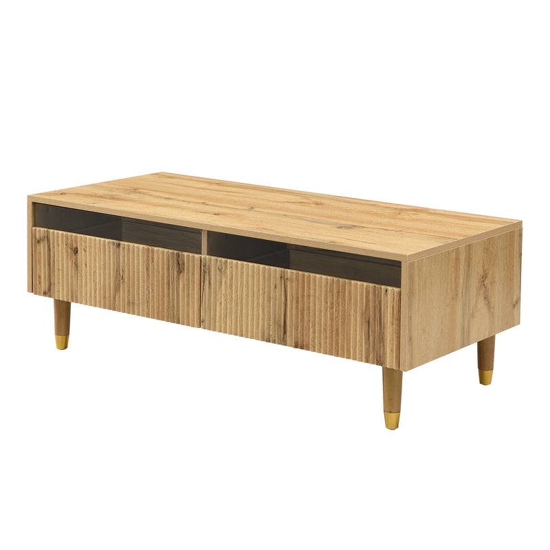 Table basse moderne effet bois façade ondulée éclairage LED 2 tiroirs PEAKGLADE