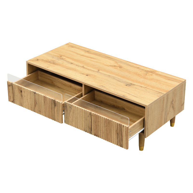 Table basse moderne effet bois façade ondulée éclairage LED 2 tiroirs PEAKGLADE
