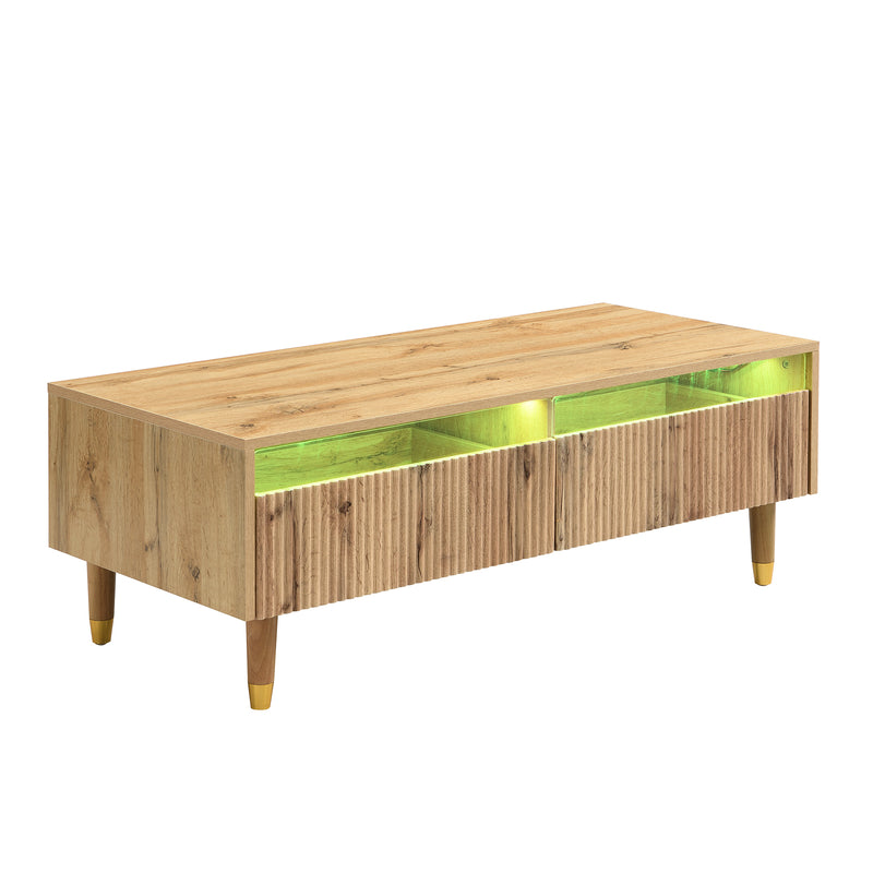 Table basse moderne effet bois façade ondulée éclairage LED 2 tiroirs PEAKGLADE