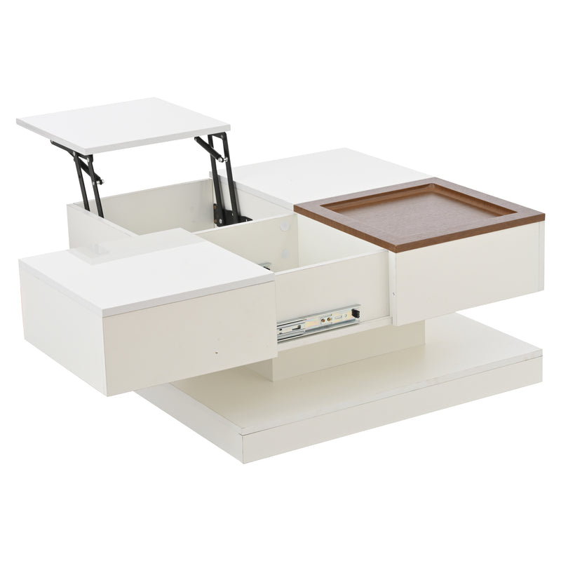 Table basse carrée blanche avec plateau relevable, tiroirs, et plateau effet bois amovible FERNFIELD