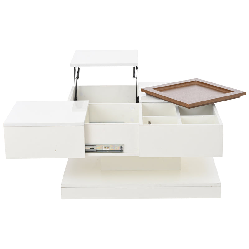 Table basse carrée blanche avec plateau relevable, tiroirs, et plateau effet bois amovible FERNFIELD