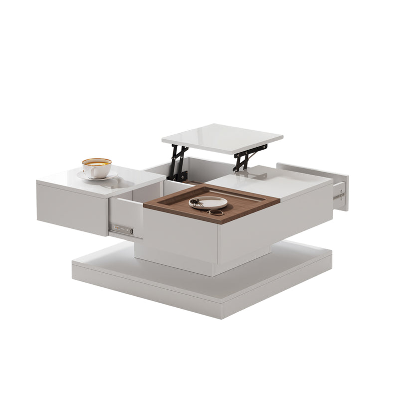 Table basse carrée blanche avec plateau relevable, tiroirs, et plateau effet bois amovible FERNFIELD