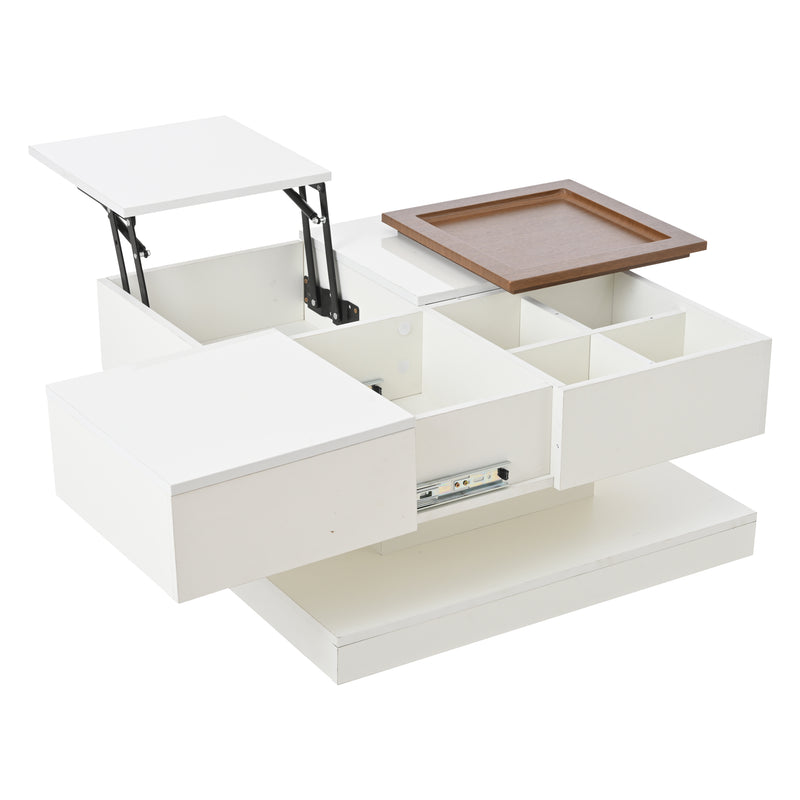 Table basse carrée blanche avec plateau relevable, tiroirs, et plateau effet bois amovible FERNFIELD