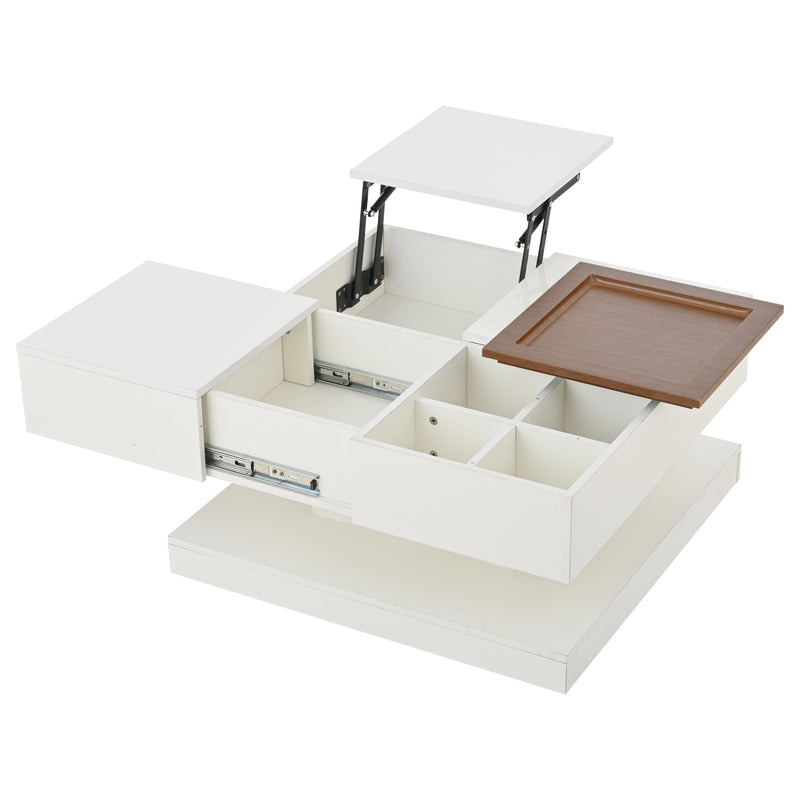 Table basse carrée blanche avec plateau relevable, tiroirs, et plateau effet bois amovible FERNFIELD