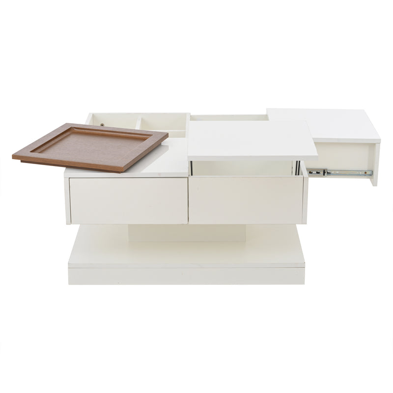 Table basse carrée blanche avec plateau relevable, tiroirs, et plateau effet bois amovible FERNFIELD