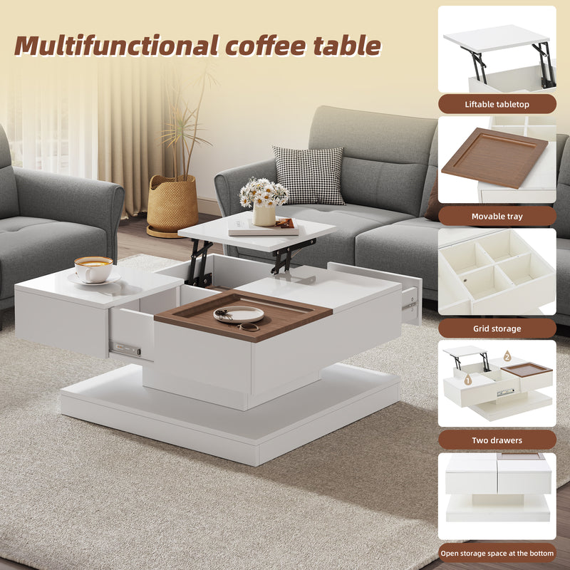 Table basse carrée blanche avec plateau relevable, tiroirs, et plateau effet bois amovible FERNFIELD