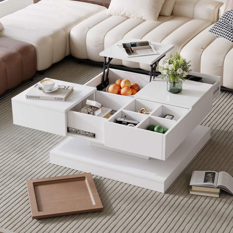 Table basse carrée blanche avec plateau relevable, tiroirs, et plateau effet bois amovible FERNFIELD