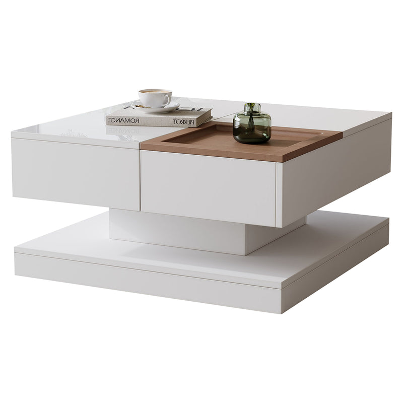 Table basse carrée blanche avec plateau relevable, tiroirs, et plateau effet bois amovible FERNFIELD