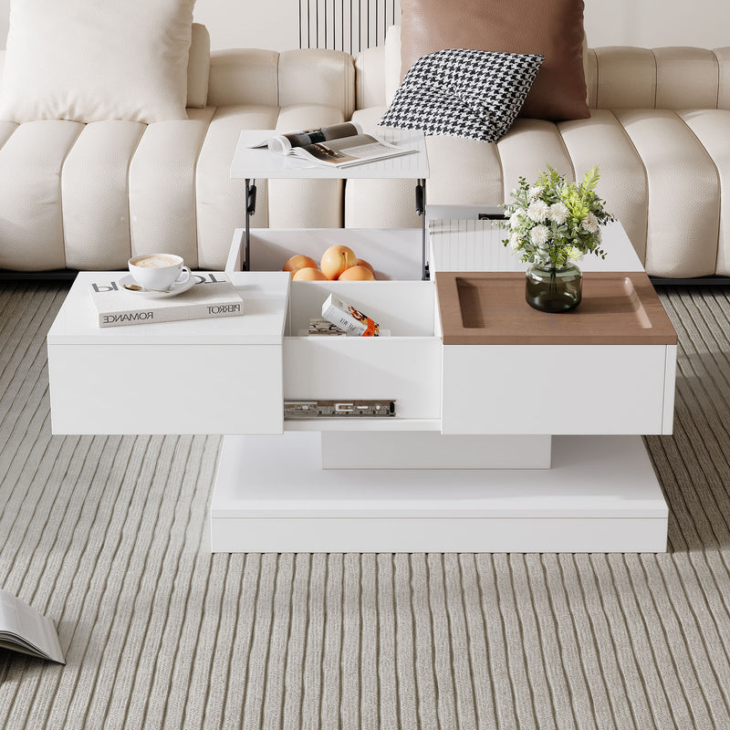 Table basse carrée blanche avec plateau relevable, tiroirs, et plateau effet bois amovible FERNFIELD