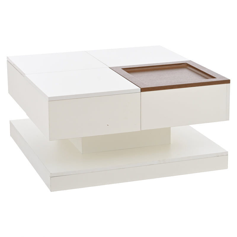 Table basse carrée blanche avec plateau relevable, tiroirs, et plateau effet bois amovible FERNFIELD
