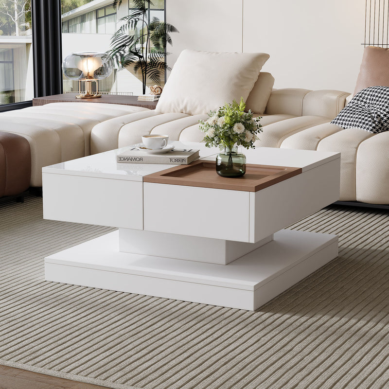 Table basse carrée blanche avec plateau relevable, tiroirs, et plateau effet bois amovible FERNFIELD