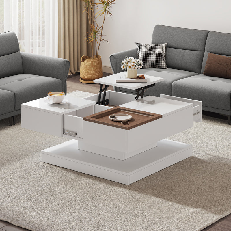 Table basse carrée blanche avec plateau relevable, tiroirs, et plateau effet bois amovible FERNFIELD