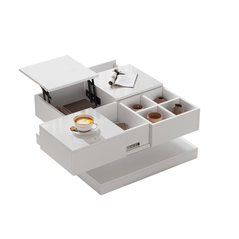 Table basse carrée blanche avec plateau relevable, tiroirs, et plateau effet bois amovible FERNFIELD