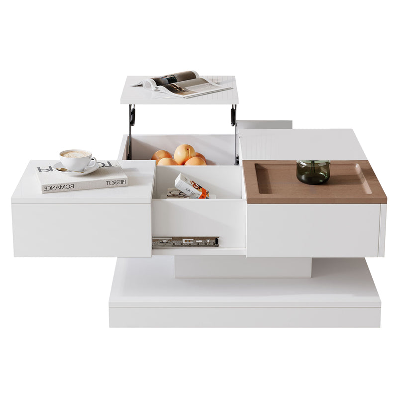Table basse carrée blanche avec plateau relevable, tiroirs, et plateau effet bois amovible FERNFIELD