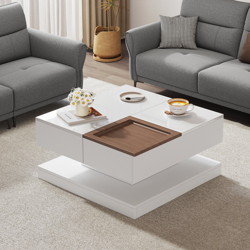 Table basse carrée blanche avec plateau relevable, tiroirs, et plateau effet bois amovible FERNFIELD
