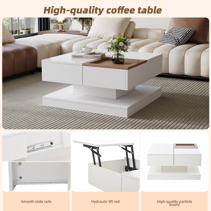 Table basse carrée blanche avec plateau relevable, tiroirs, et plateau effet bois amovible FERNFIELD