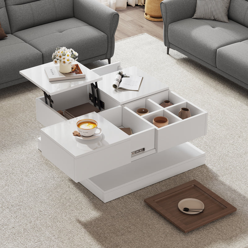 Table basse carrée blanche avec plateau relevable, tiroirs, et plateau effet bois amovible FERNFIELD