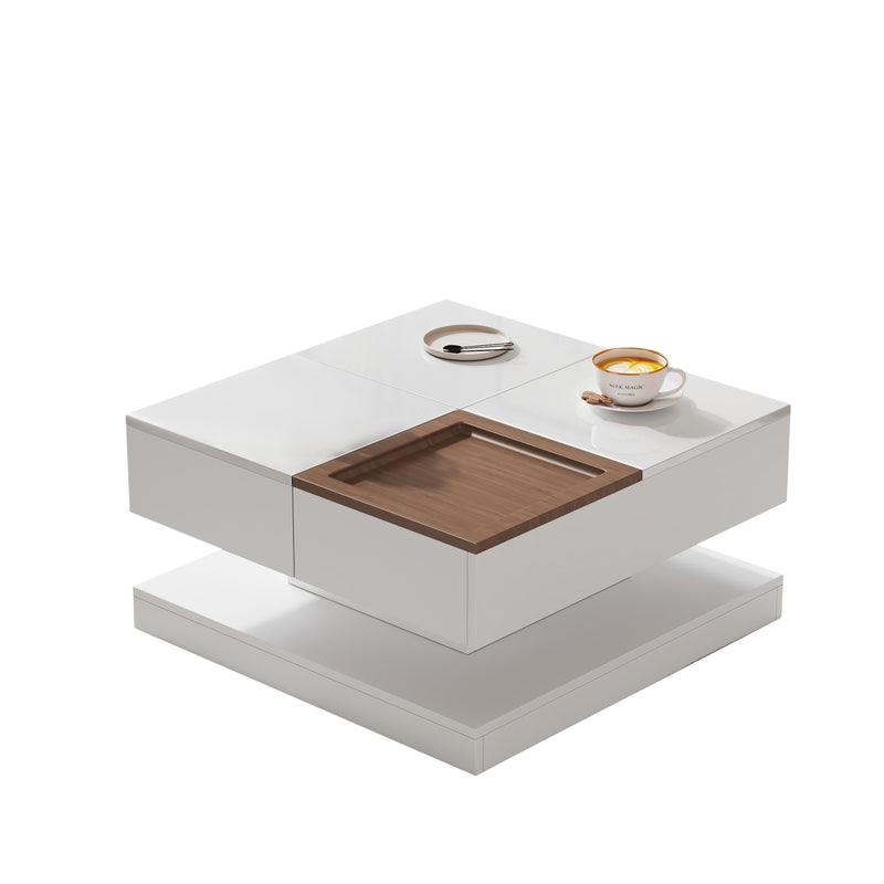 Table basse carrée blanche avec plateau relevable, tiroirs, et plateau effet bois amovible FERNFIELD