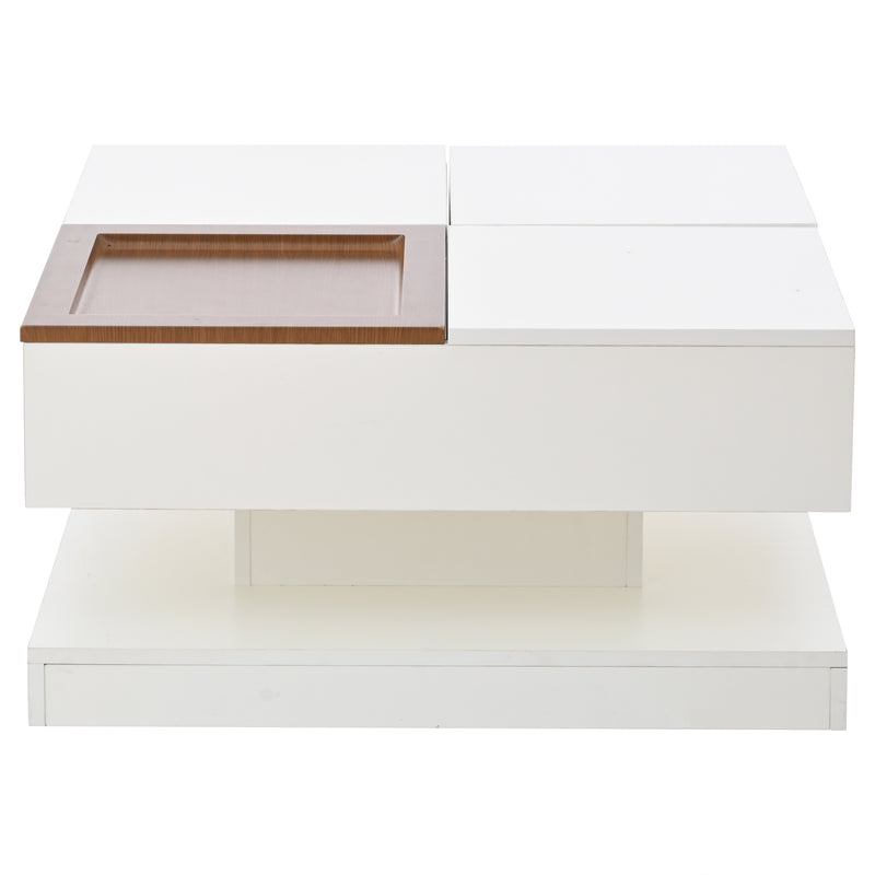 Table basse carrée blanche avec plateau relevable, tiroirs, et plateau effet bois amovible FERNFIELD