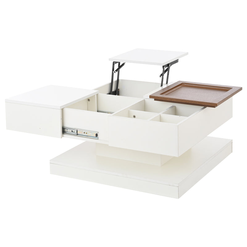 Table basse carrée blanche avec plateau relevable, tiroirs, et plateau effet bois amovible FERNFIELD