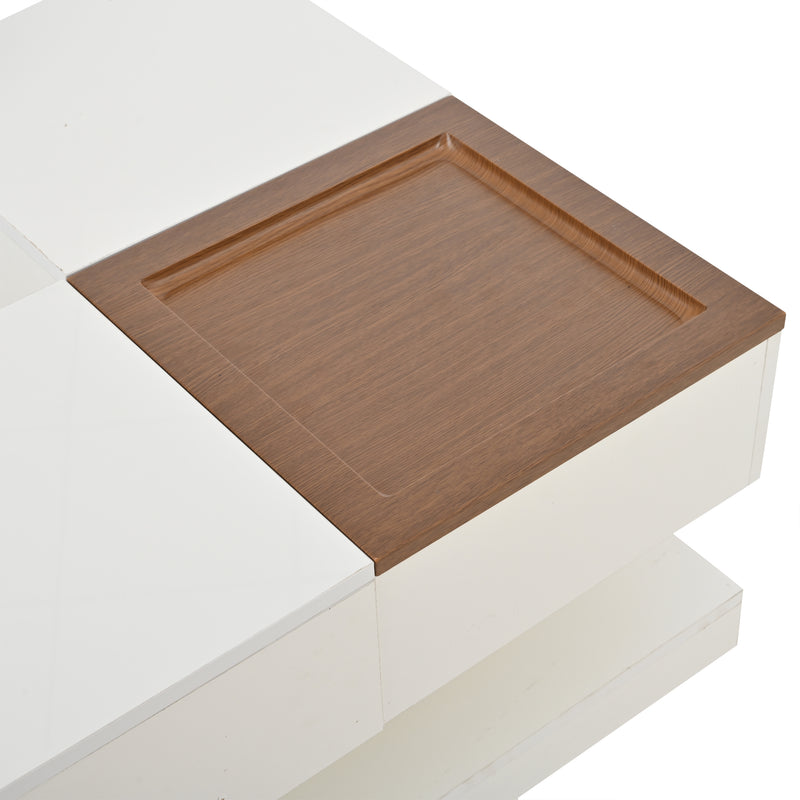 Table basse carrée blanche avec plateau relevable, tiroirs, et plateau effet bois amovible FERNFIELD