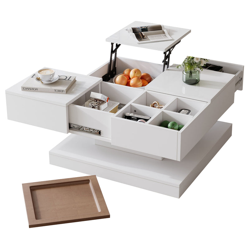 Table basse carrée blanche avec plateau relevable, tiroirs, et plateau effet bois amovible FERNFIELD