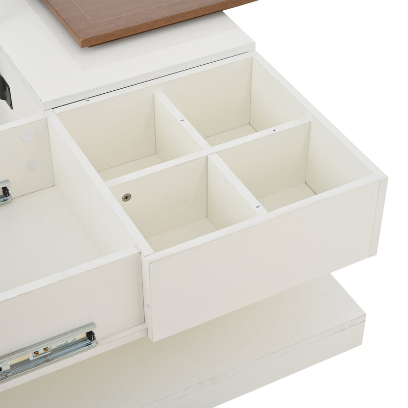 Table basse carrée blanche avec plateau relevable, tiroirs, et plateau effet bois amovible FERNFIELD