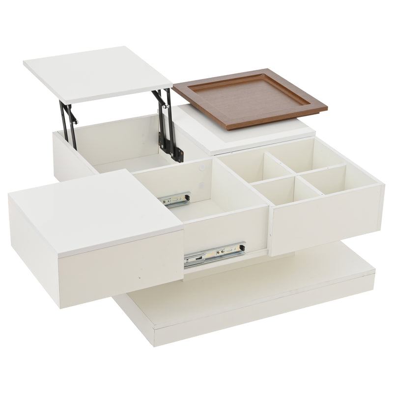 Table basse carrée blanche avec plateau relevable, tiroirs, et plateau effet bois amovible FERNFIELD