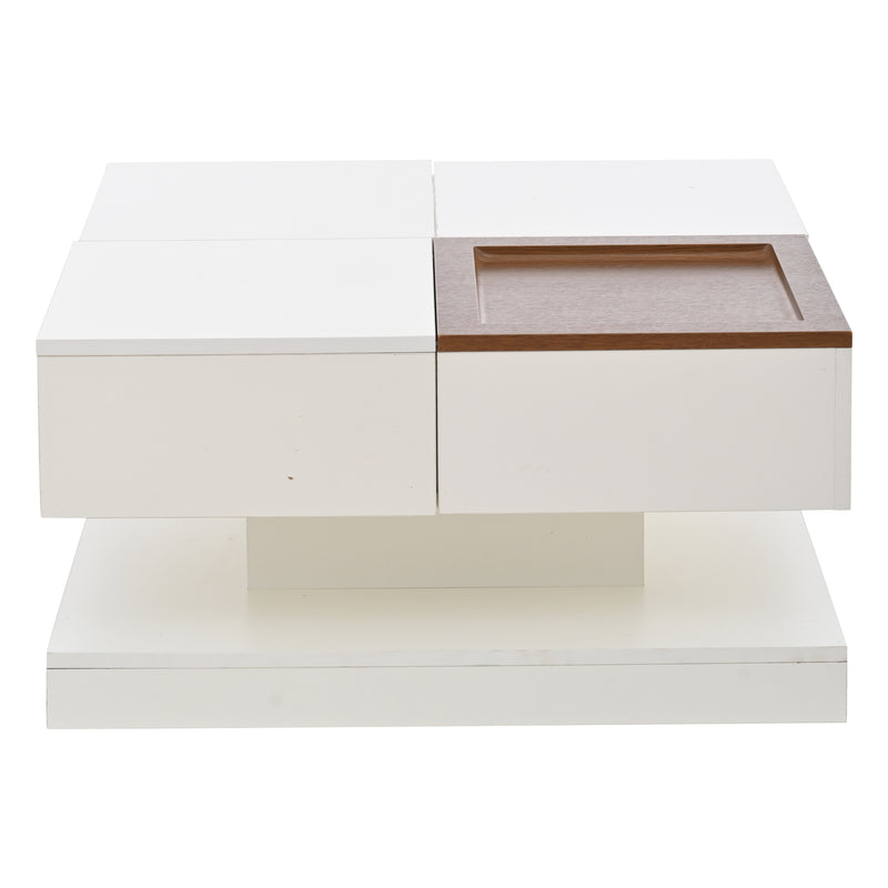 Table basse carrée blanche avec plateau relevable, tiroirs, et plateau effet bois amovible FERNFIELD