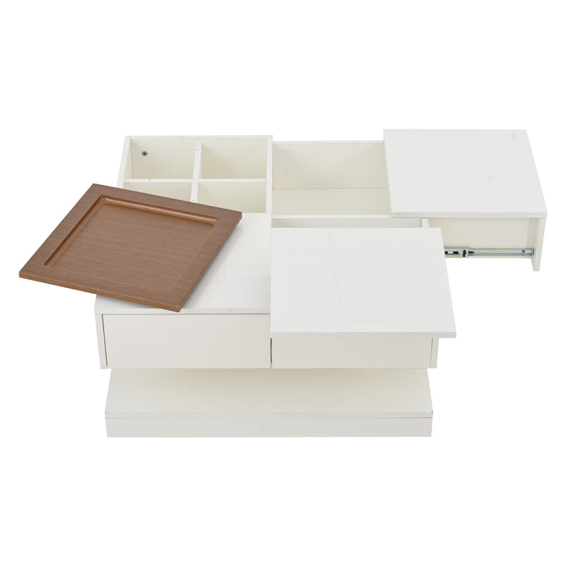 Table basse carrée blanche avec plateau relevable, tiroirs, et plateau effet bois amovible FERNFIELD