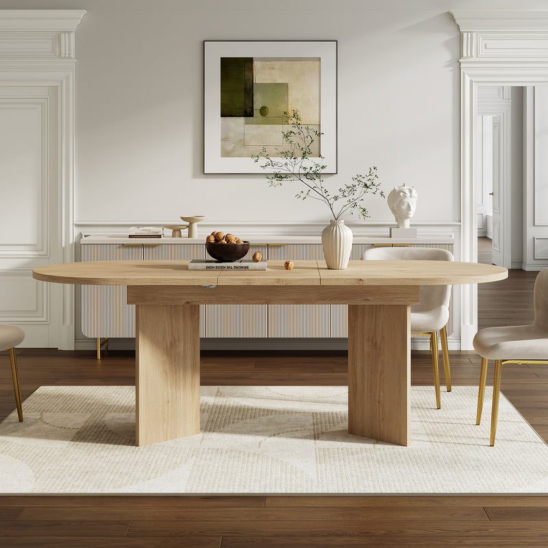 Ensemble de salle à manger extensible effet chêne avec 6 chaises en velours beige et pieds dorés REEDYHOLLOW