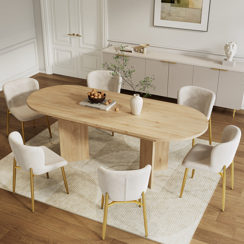 Ensemble de salle à manger extensible effet chêne avec 6 chaises en velours beige et pieds dorés REEDYHOLLOW