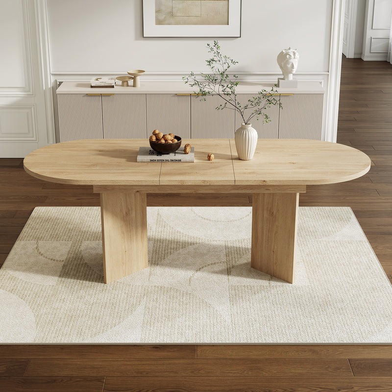 Ensemble de salle à manger extensible effet chêne avec 6 chaises en velours beige et pieds dorés REEDYHOLLOW