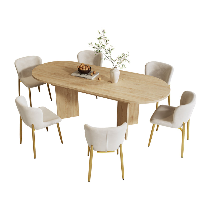Ensemble de salle à manger extensible effet chêne avec 6 chaises en velours beige et pieds dorés REEDYHOLLOW