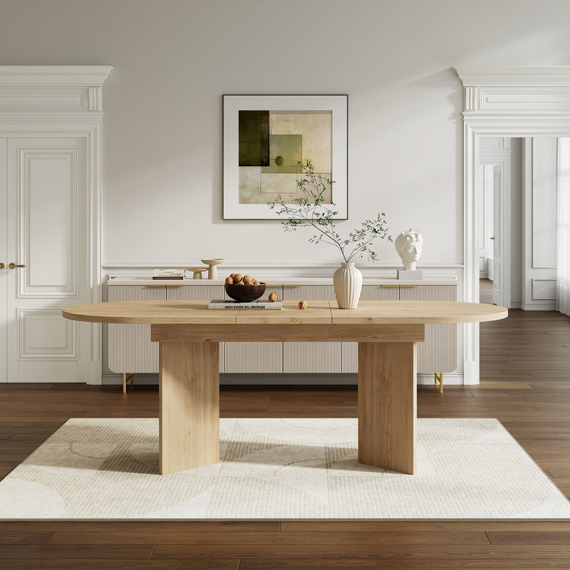 Ensemble de salle à manger extensible effet chêne avec 6 chaises en velours beige et pieds dorés REEDYHOLLOW