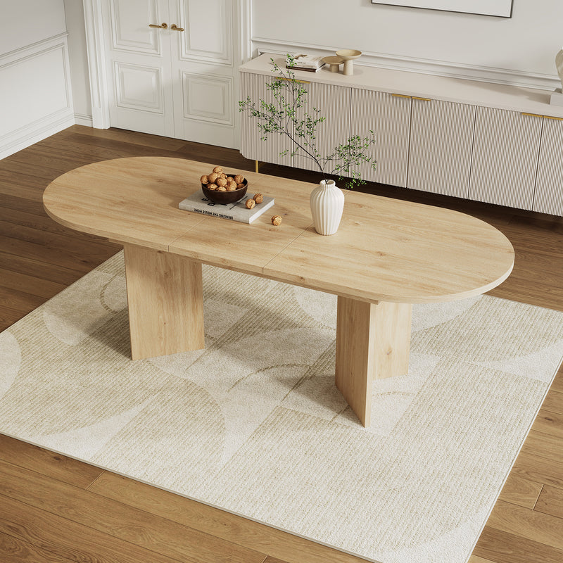 Ensemble de salle à manger extensible effet chêne avec 6 chaises en velours beige et pieds dorés REEDYHOLLOW