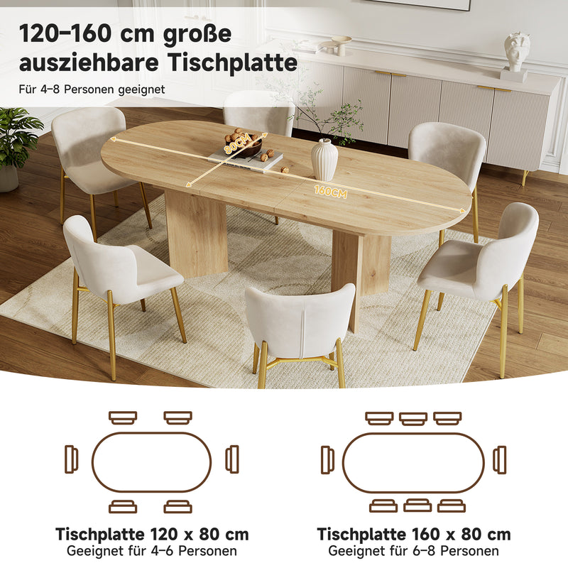 Ensemble de salle à manger extensible effet chêne avec 6 chaises en velours beige et pieds dorés REEDYHOLLOW