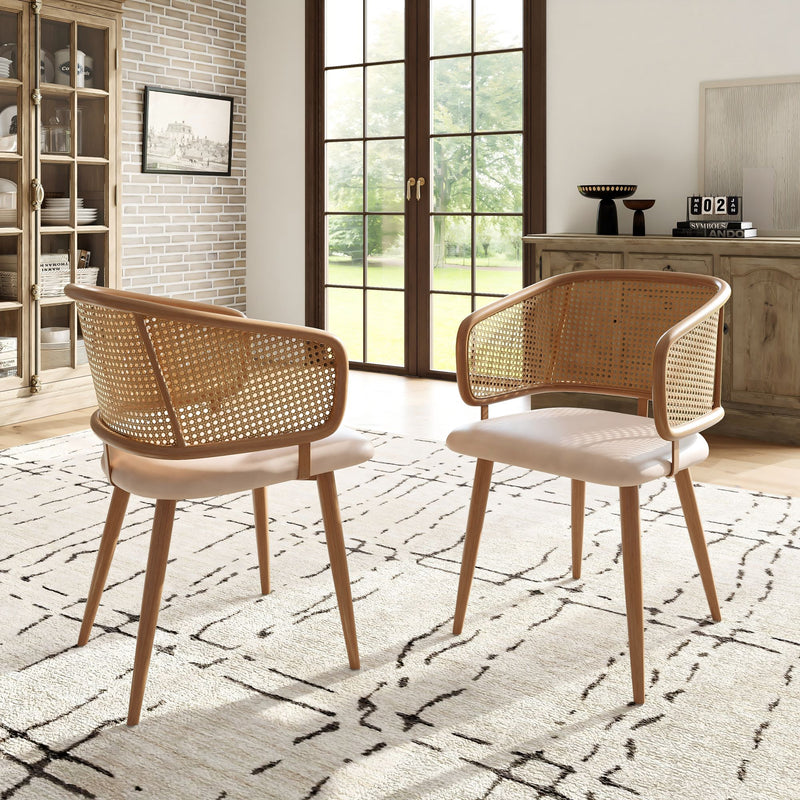 Lot de 2 chaises de salle à manger dossier en rotin, coussin d&