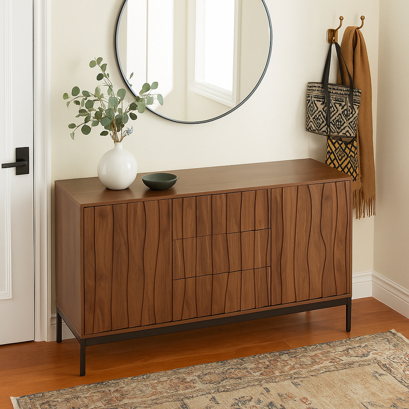 Buffet effet chêne foncé grainé vintage 3D ondulé 3 tiroirs 150*40cm NAKIX