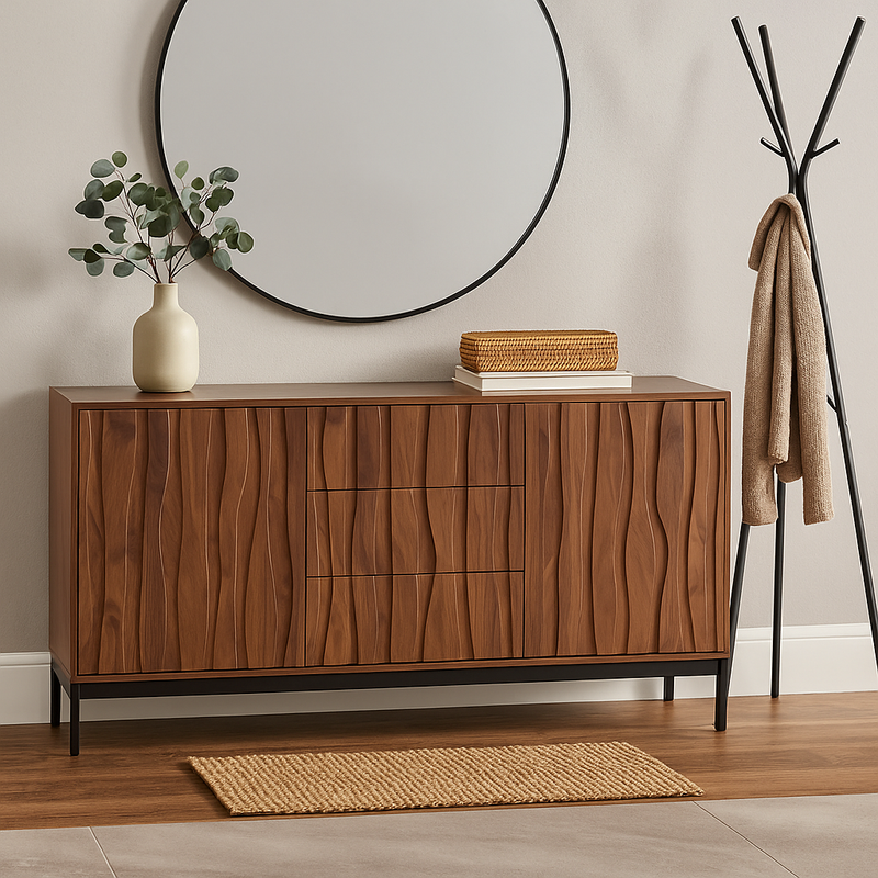 Buffet effet chêne foncé grainé vintage 3D ondulé 3 tiroirs 150*40cm NAKIX
