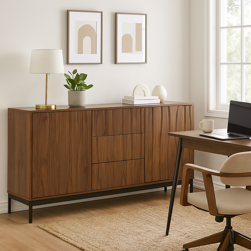 Buffet effet chêne foncé grainé vintage 3D ondulé 3 tiroirs 150*40cm NAKIX