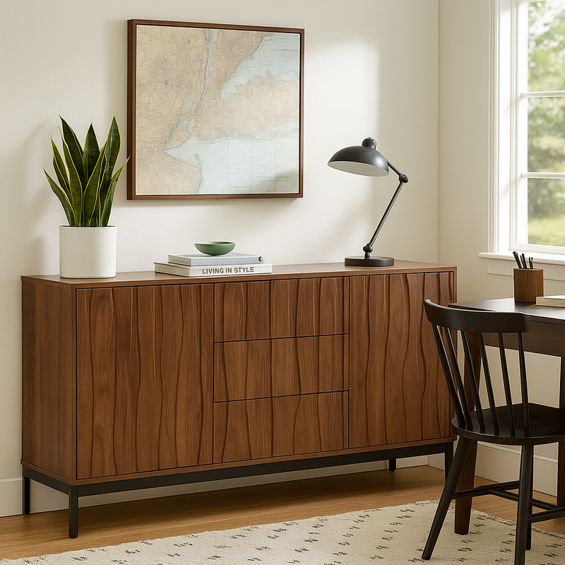 Buffet effet chêne foncé grainé vintage 3D ondulé 3 tiroirs 150*40cm NAKIX